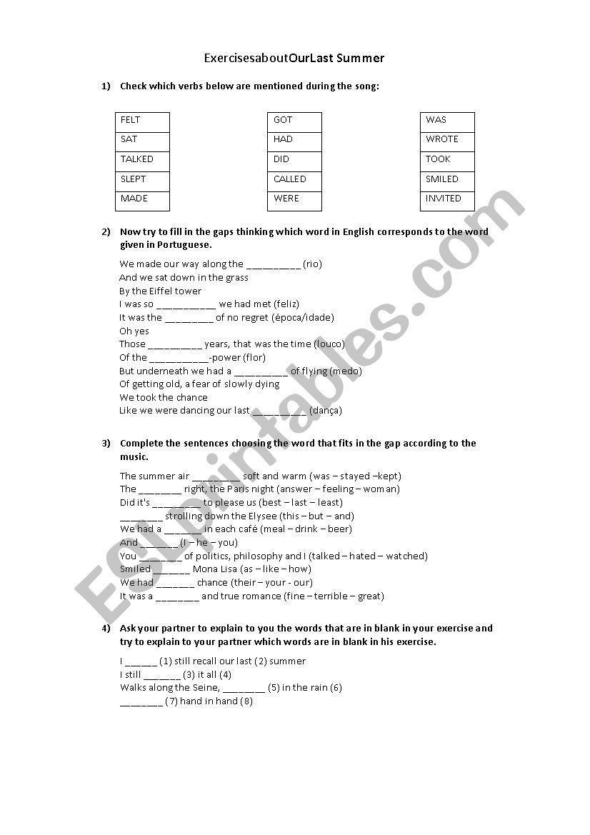 Past simple: Our last summer worksheet