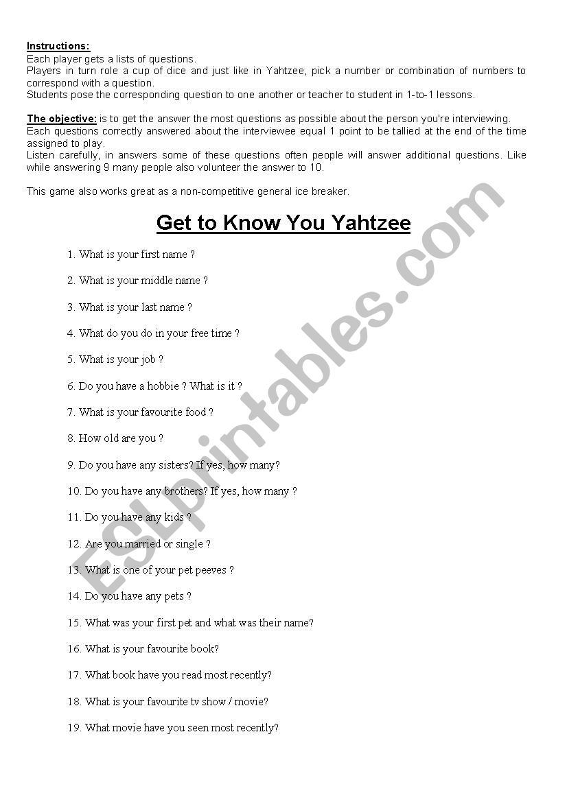 Get to know you Yahtzee worksheet