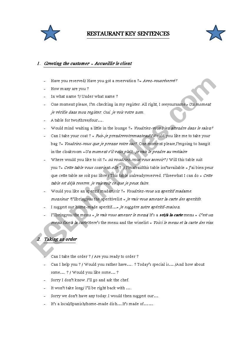 Restaurant Key Sentences worksheet