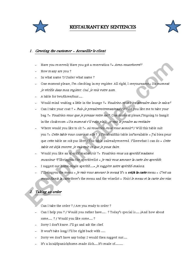 Restaurant Key Sentences worksheet