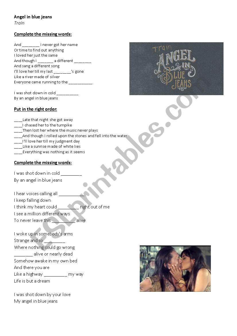 Angel in blue jeans worksheet