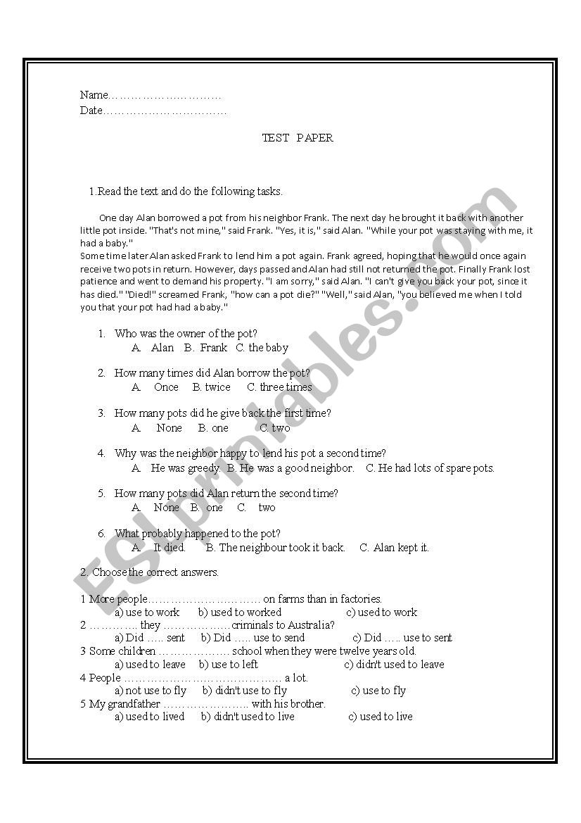 reading comprehension worksheet