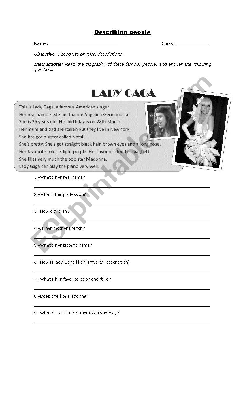 Physical descriptions worksheet