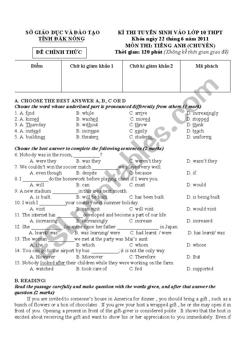 English test for gifted students