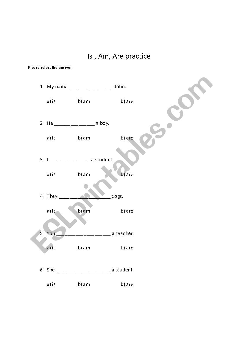 Is Am Are worksheet worksheet