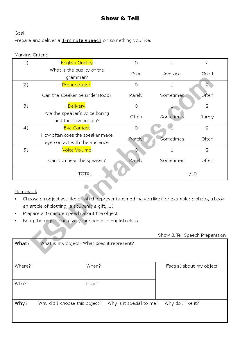 Show & Tell - Introduction worksheet