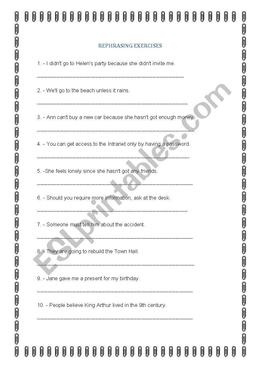 Rephrasing exercises worksheet