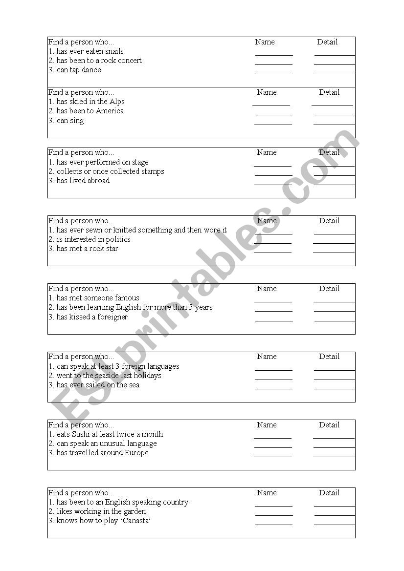 Mingling Activity worksheet