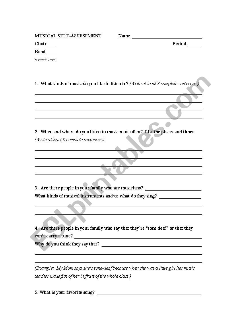 Musical Self-Assessment worksheet