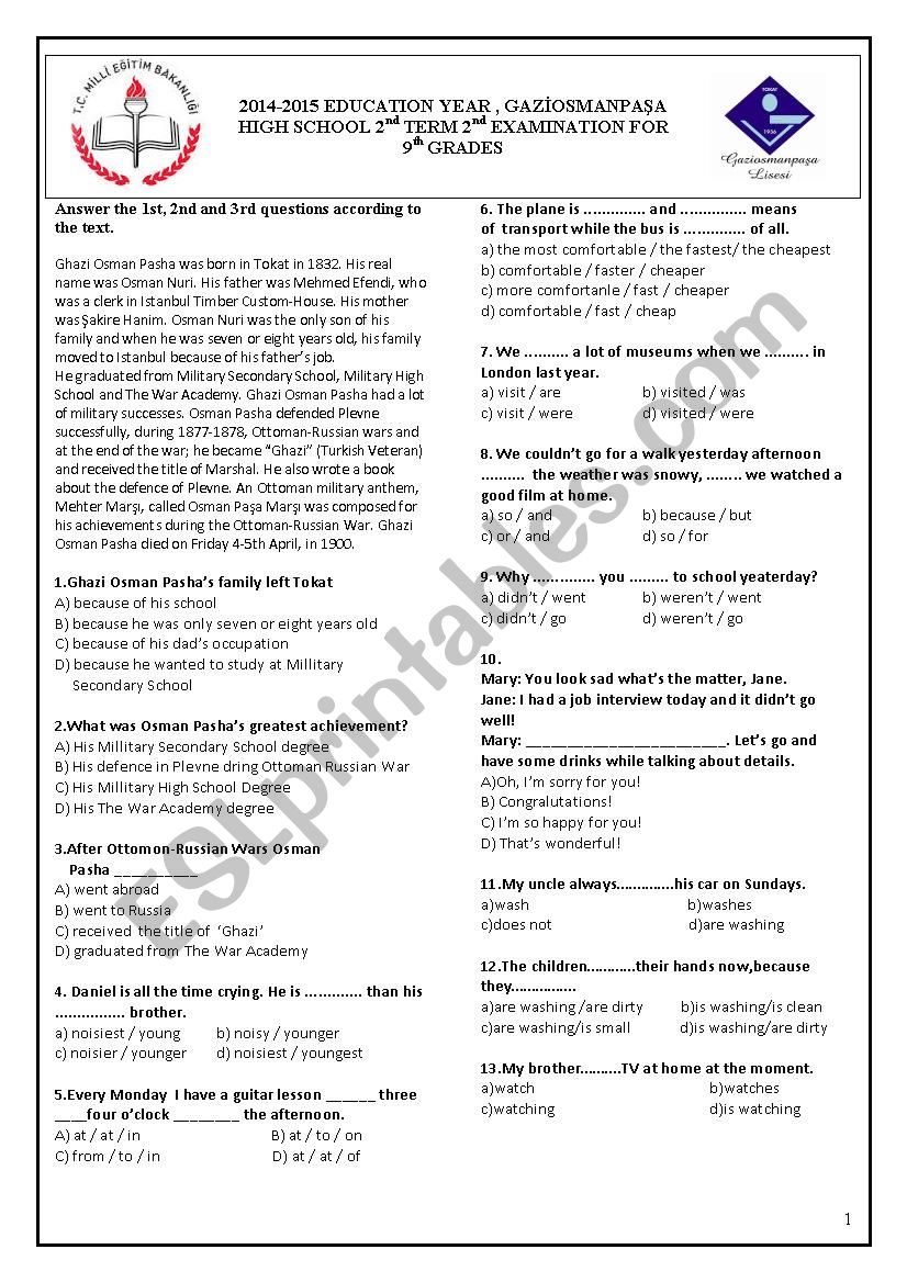 EXAM FOR 9th GRADES worksheet