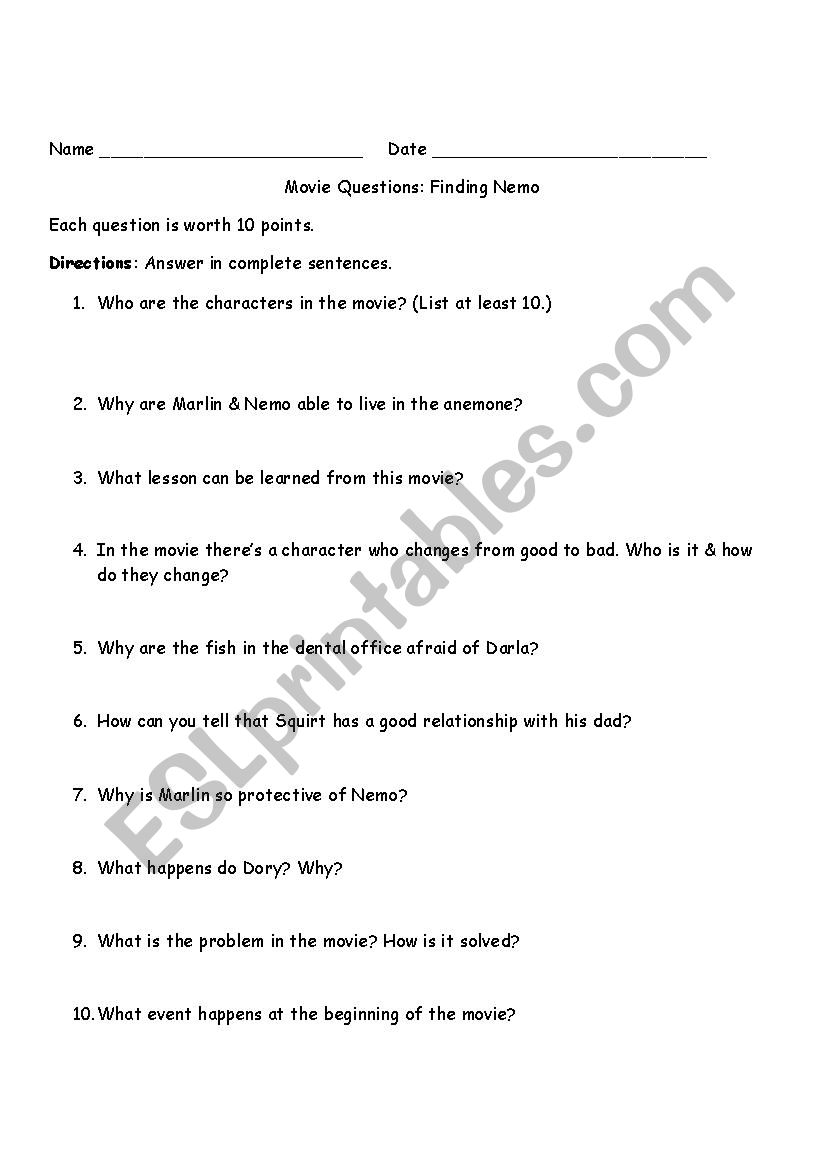 Finding Nemo Comprehension worksheet