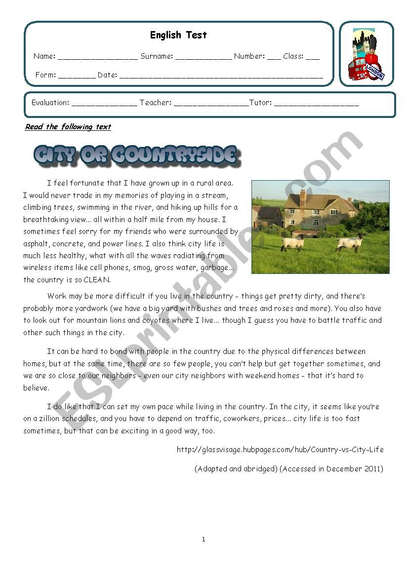 City vs Countryside  worksheet