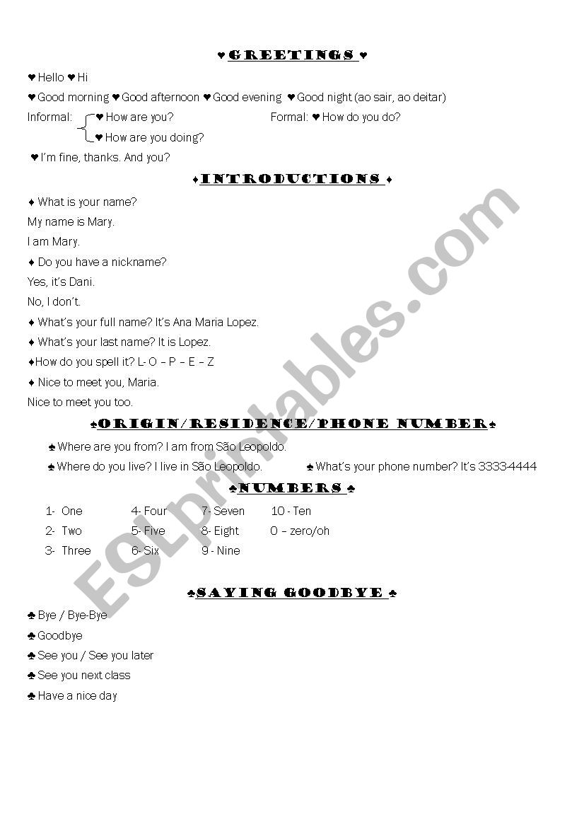 Greetings worksheet