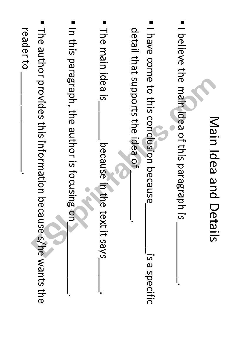 Main Idea Sentence Frames worksheet