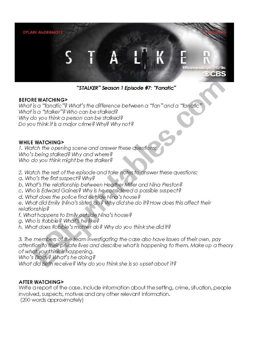 Stalker Video Worksheet worksheet