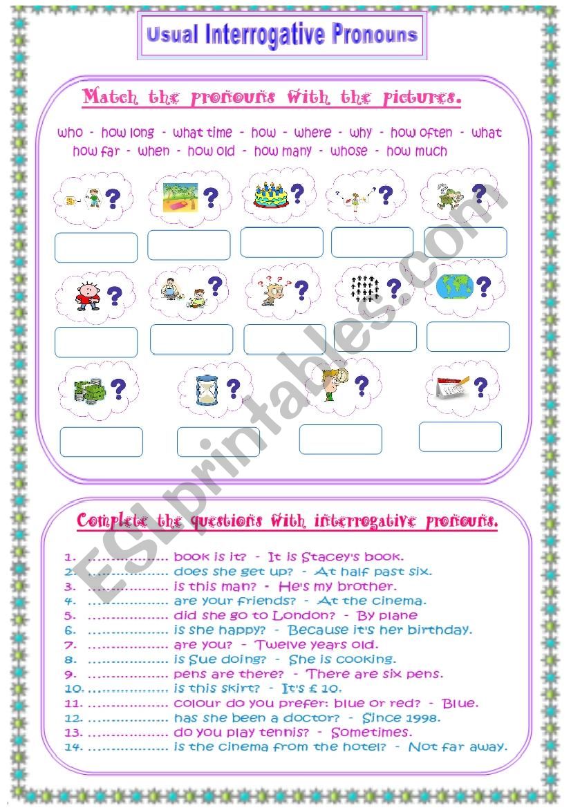 Usual Interrogative Pronouns (with answer key)