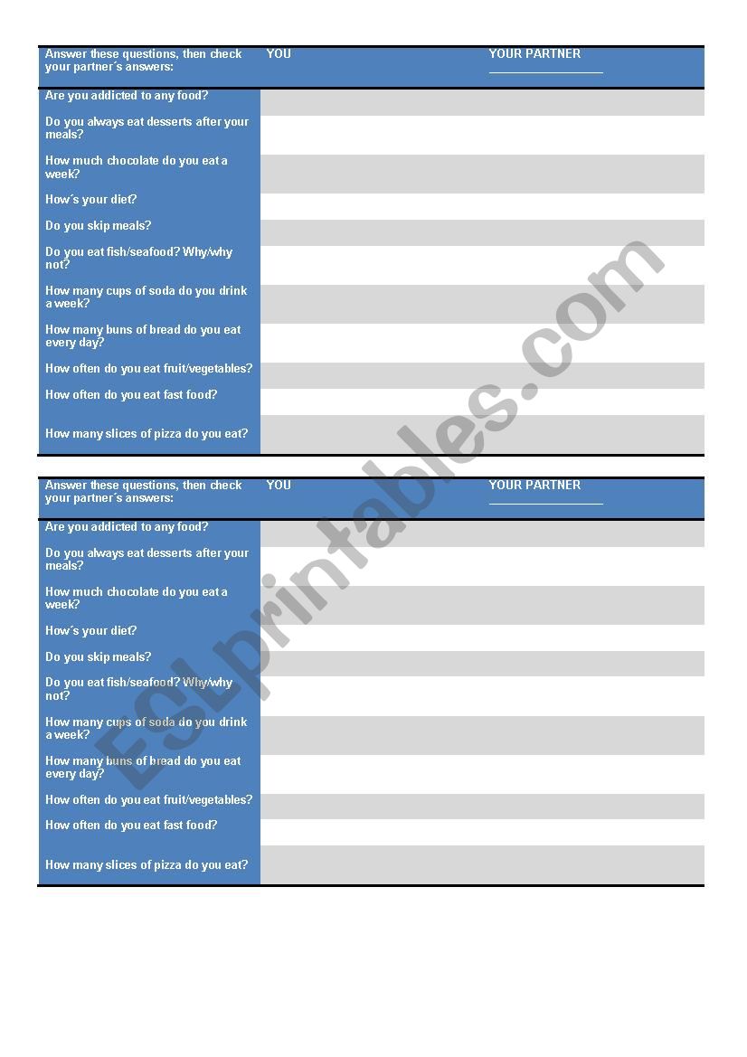 Questions about food worksheet