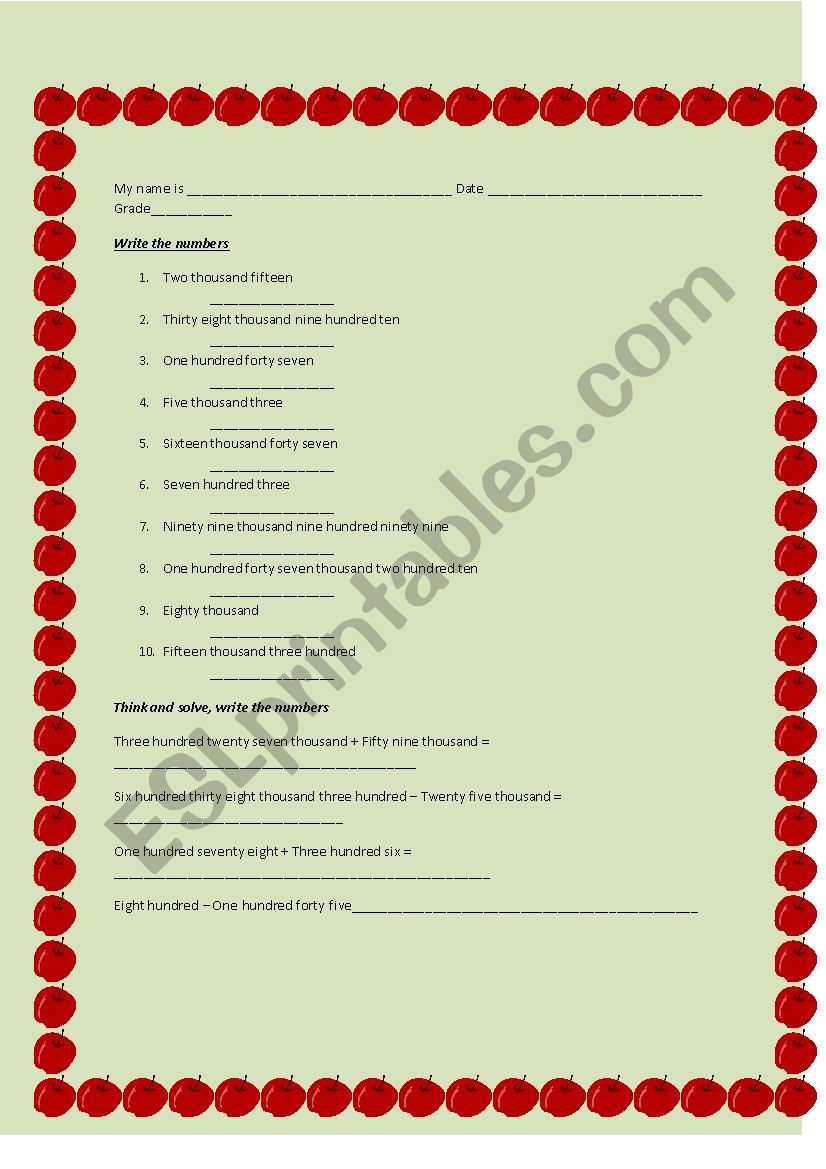 Numbes worksheet