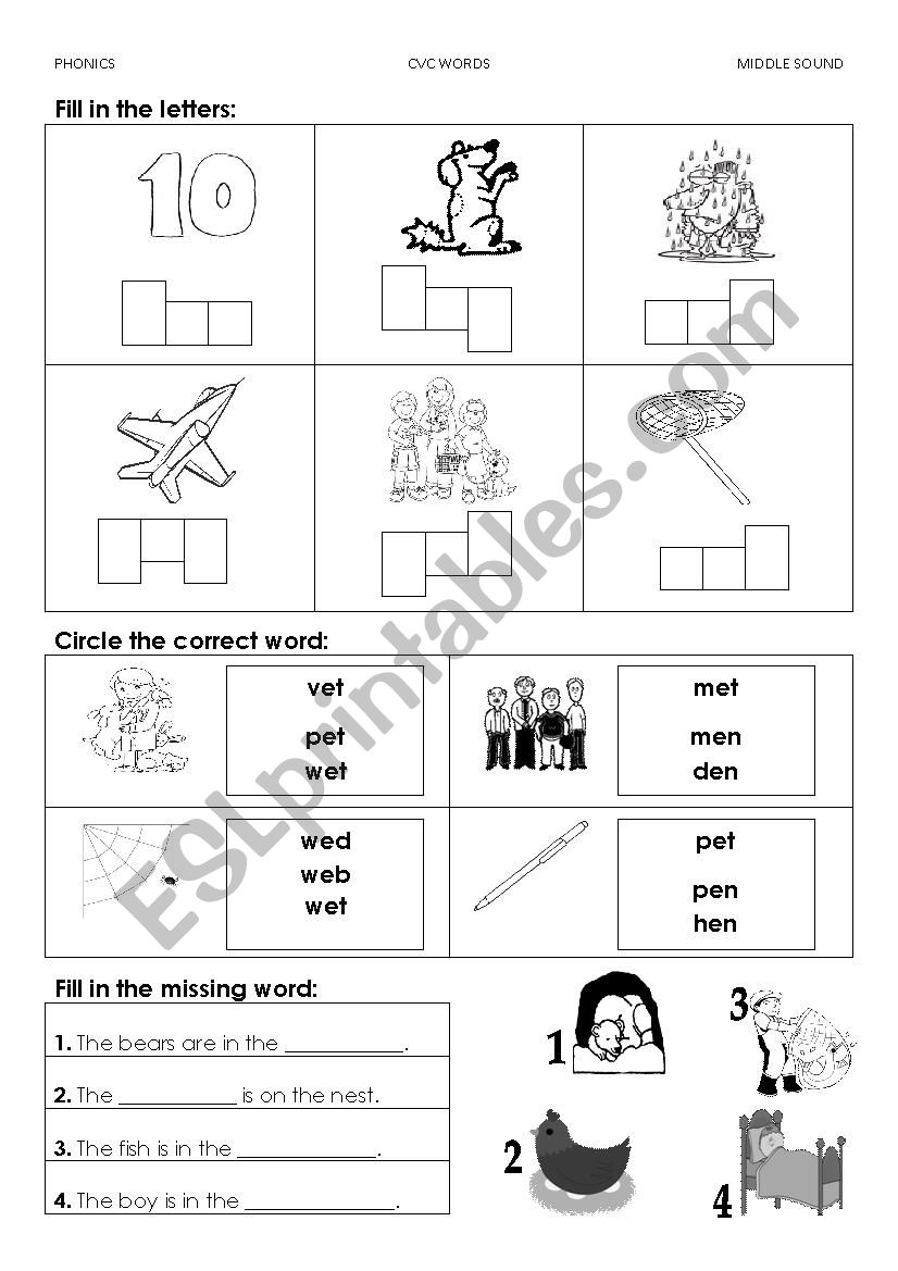 Phonics Worksheet (E, I and U middle sound)