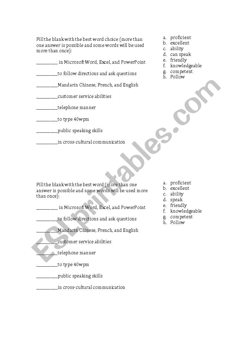 Resume Checklist (Personal Skills survey w/ grammar exercise for ESL students)