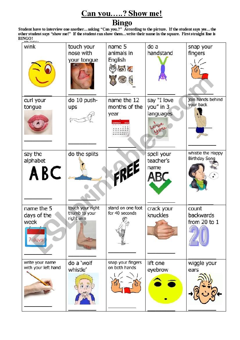 Can you?  Show me...!  Bingo worksheet