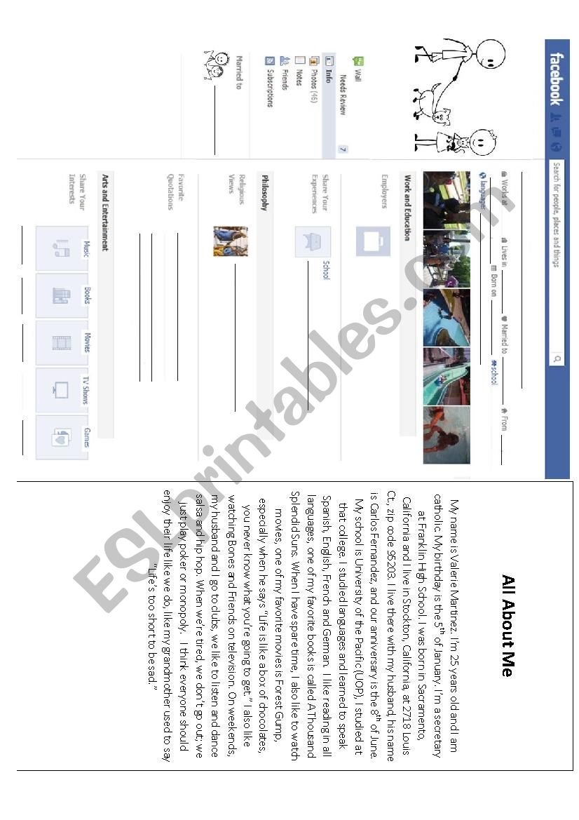 Facebook Worksheet Elementary Level- Personal Information 