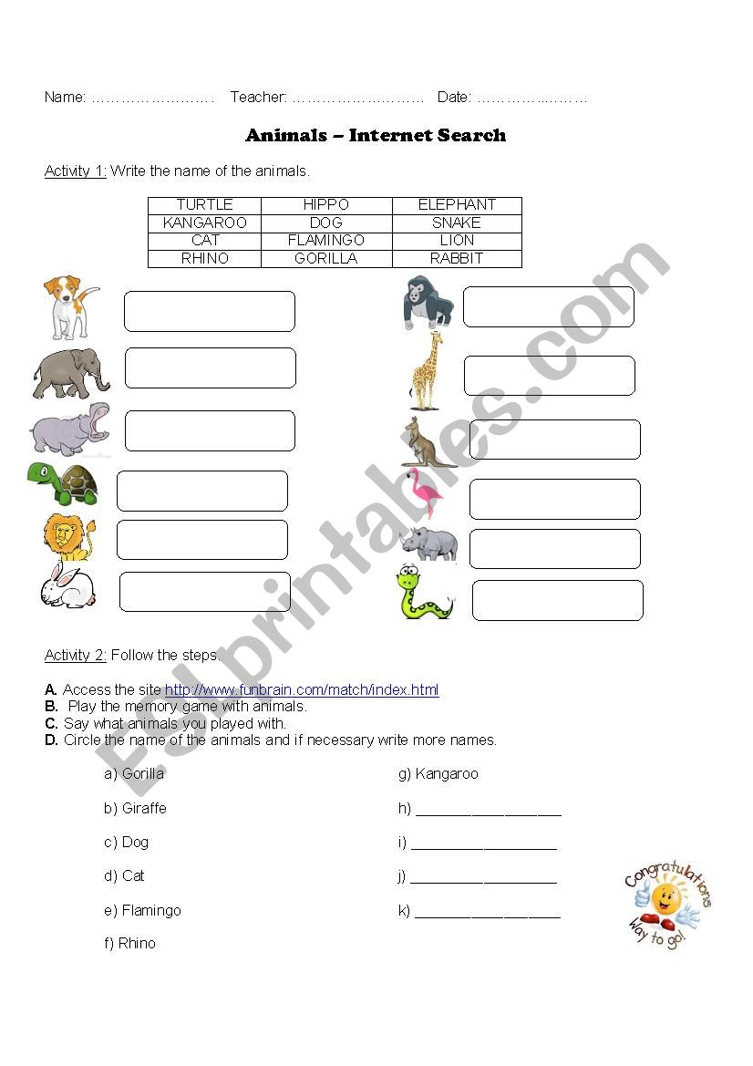 Animals - Internet Search worksheet