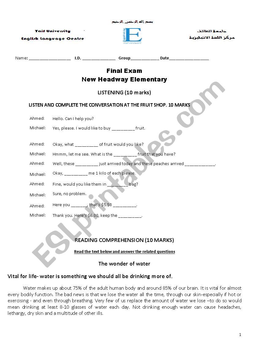 New Headway Elementary Final Exam