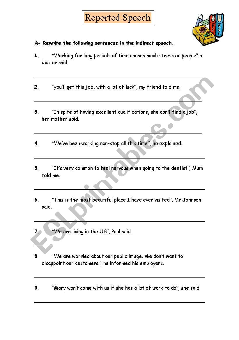 worksheet reported speech and solutions