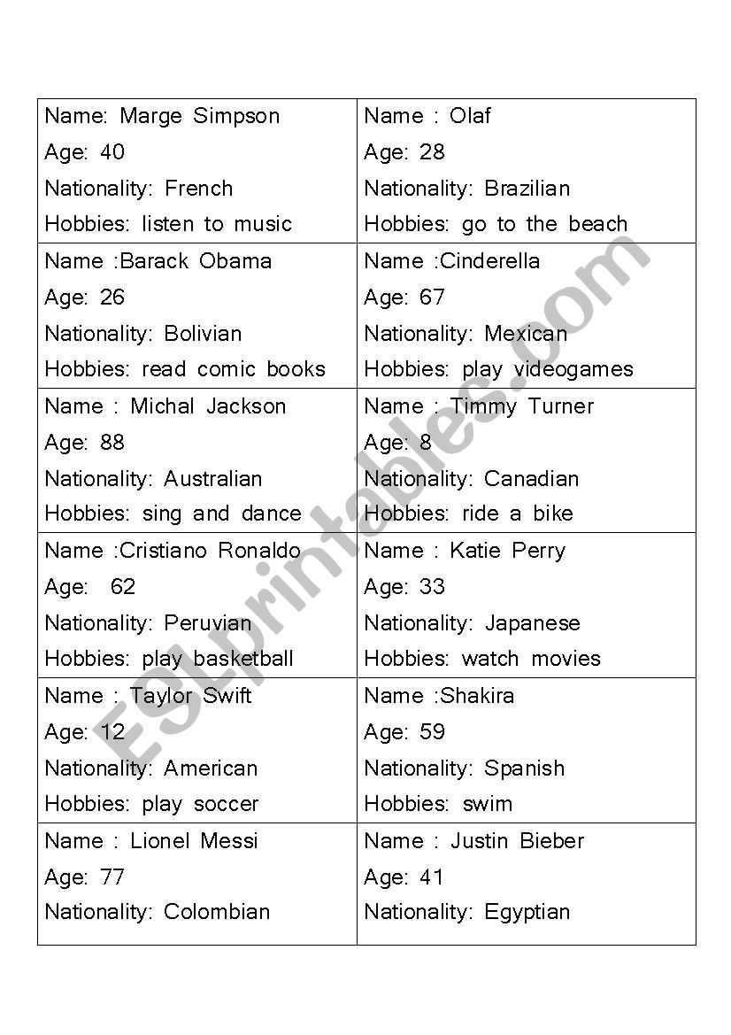 Personal information cards worksheet