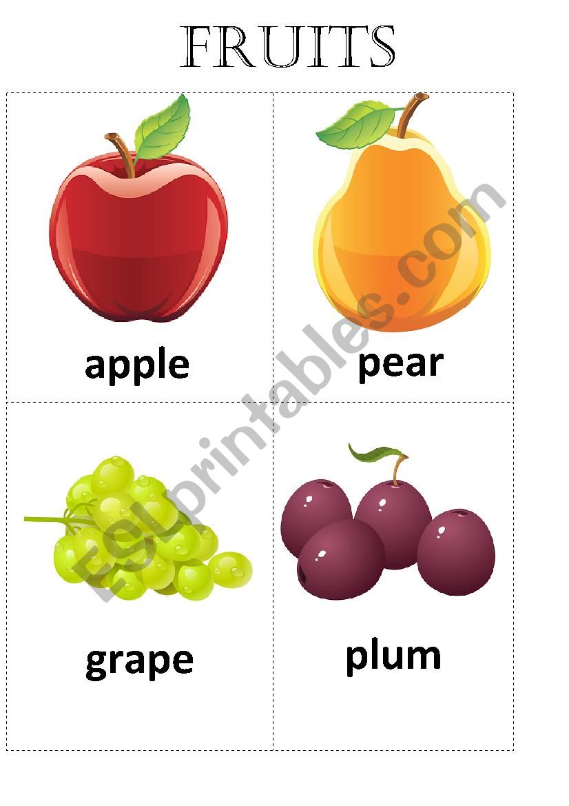 Fruits flashcards, crossword with answers 