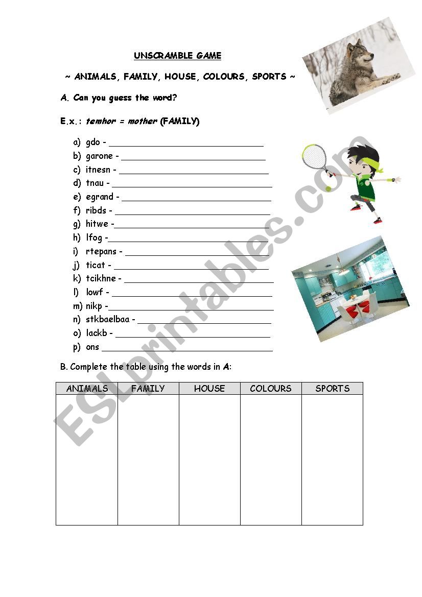 Unscramble game worksheet