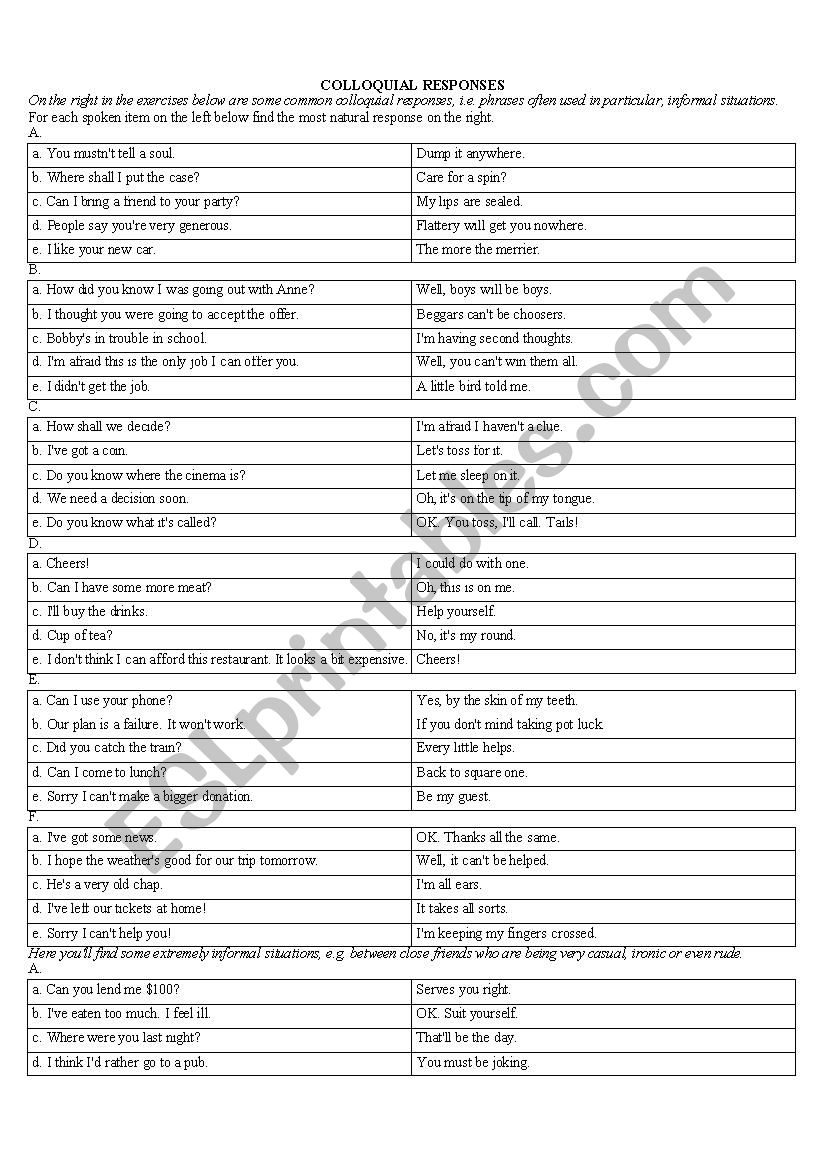 Colloquial responses worksheet