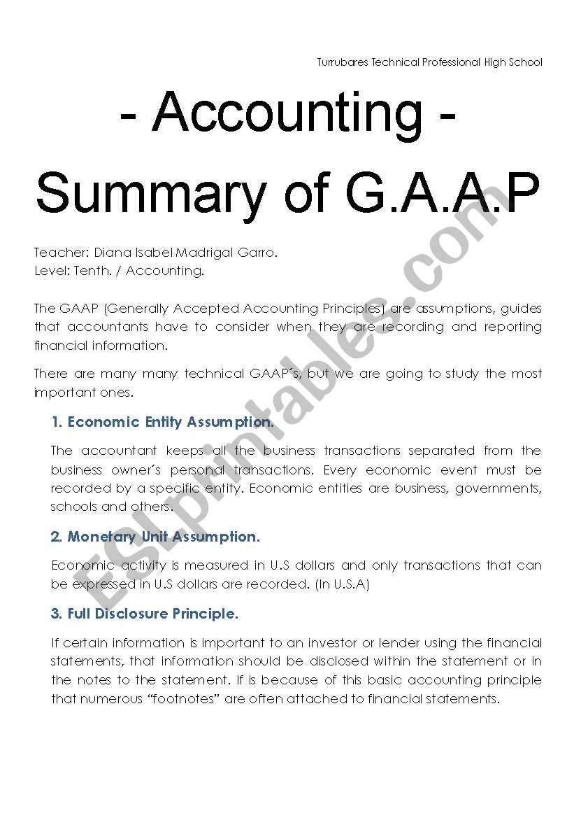 Summary of Generally Accepted Accounting Principles