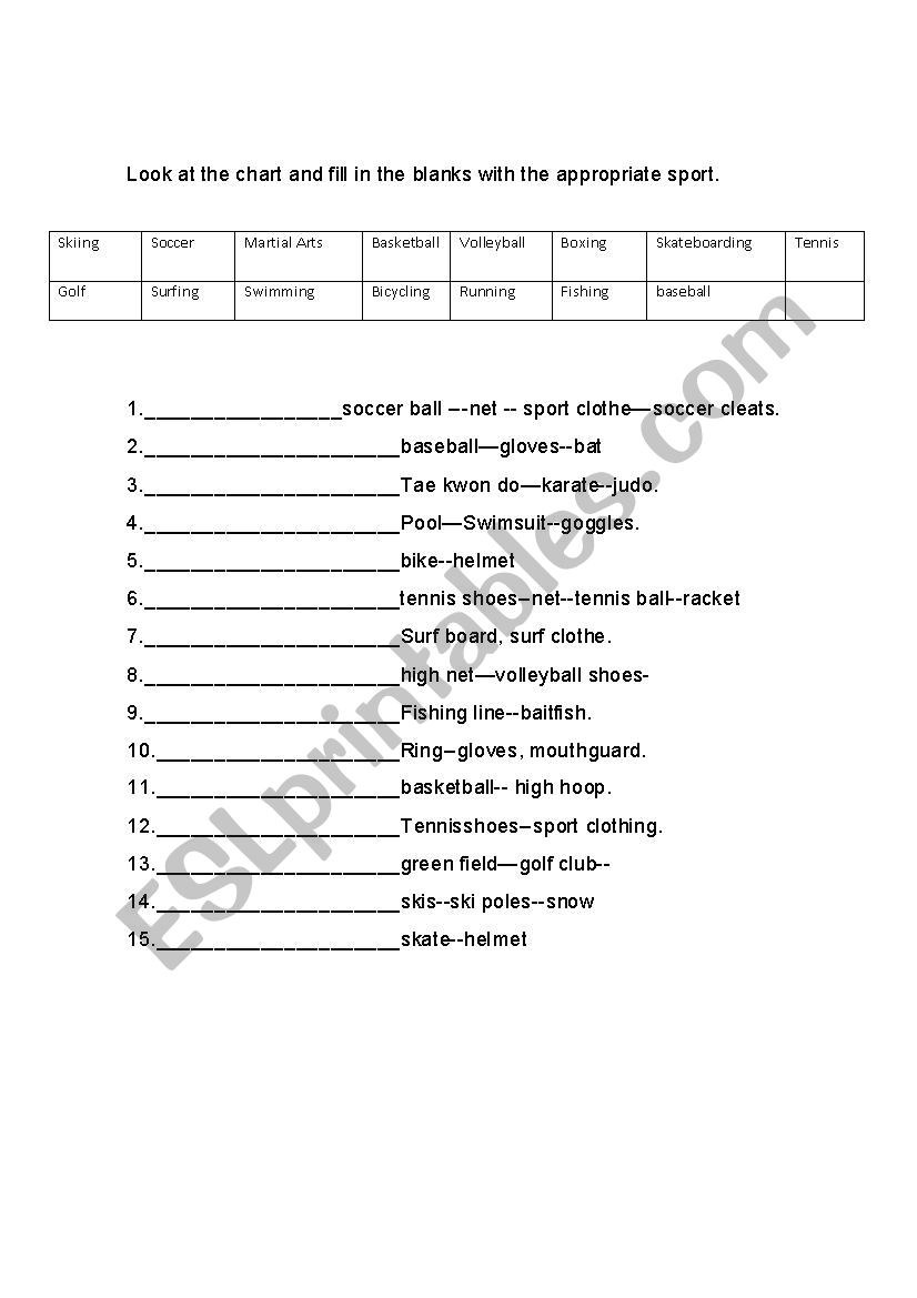 sports and equipment worksheet