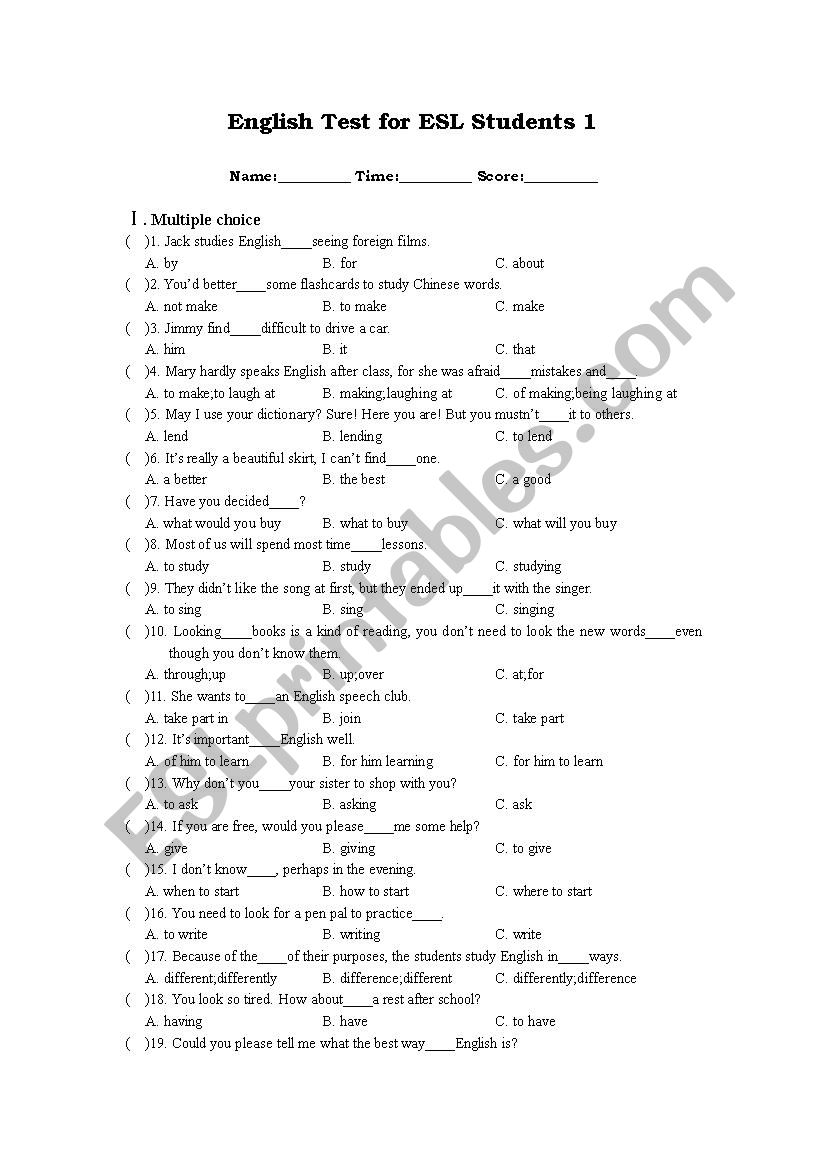 English Test 1 for 6th and 7th Graders