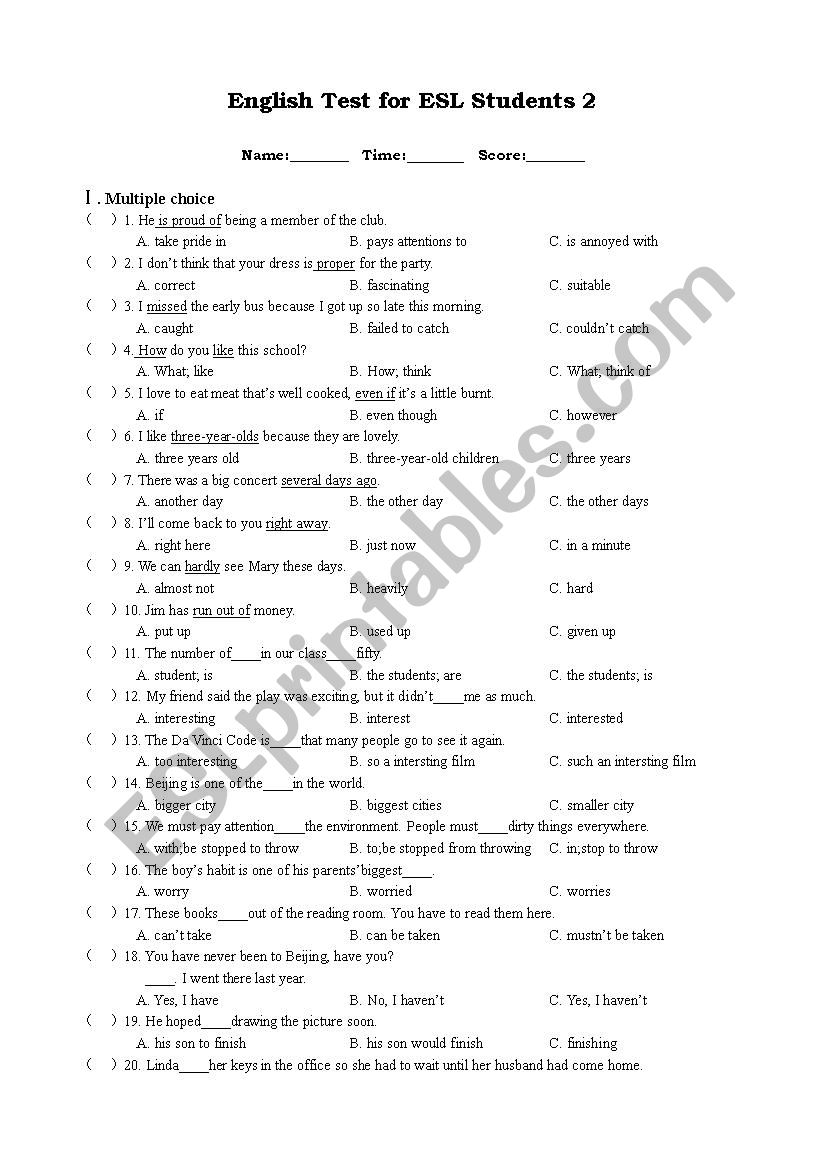English Test 2 for 6th and 7th Graders