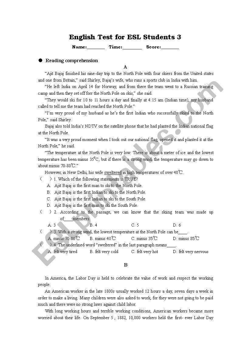 English Test 3 for 6th and 7th Graders
