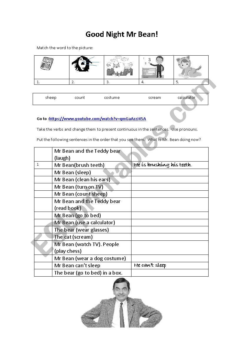 Present Continous and Mr Bean worksheet