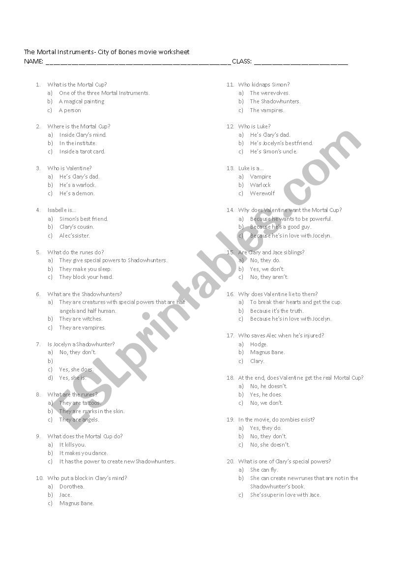 City of Bones movie worksheet - The Mortal Instrument series 