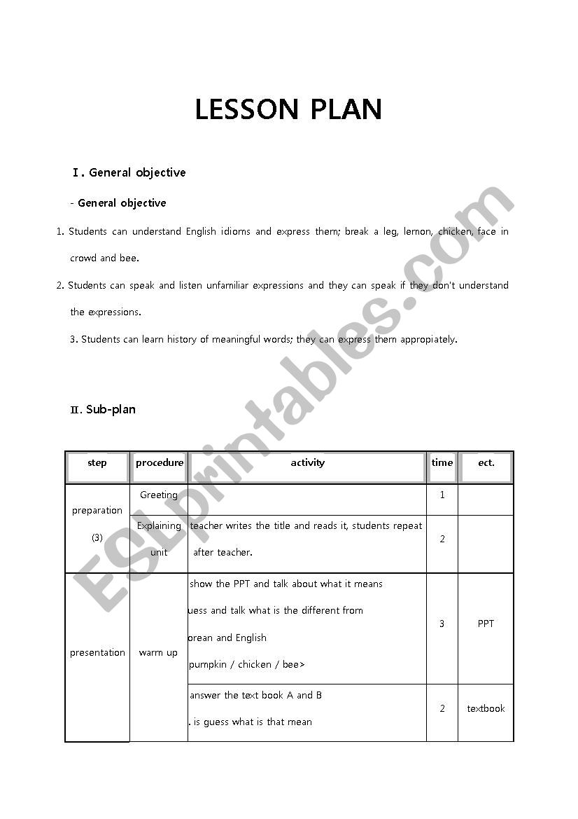 lesson plan-Idioms worksheet