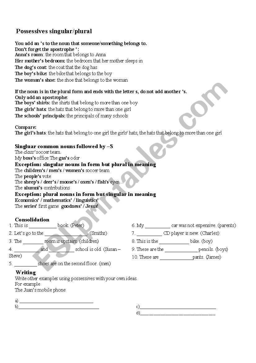 Possessives Singular & Plural worksheet