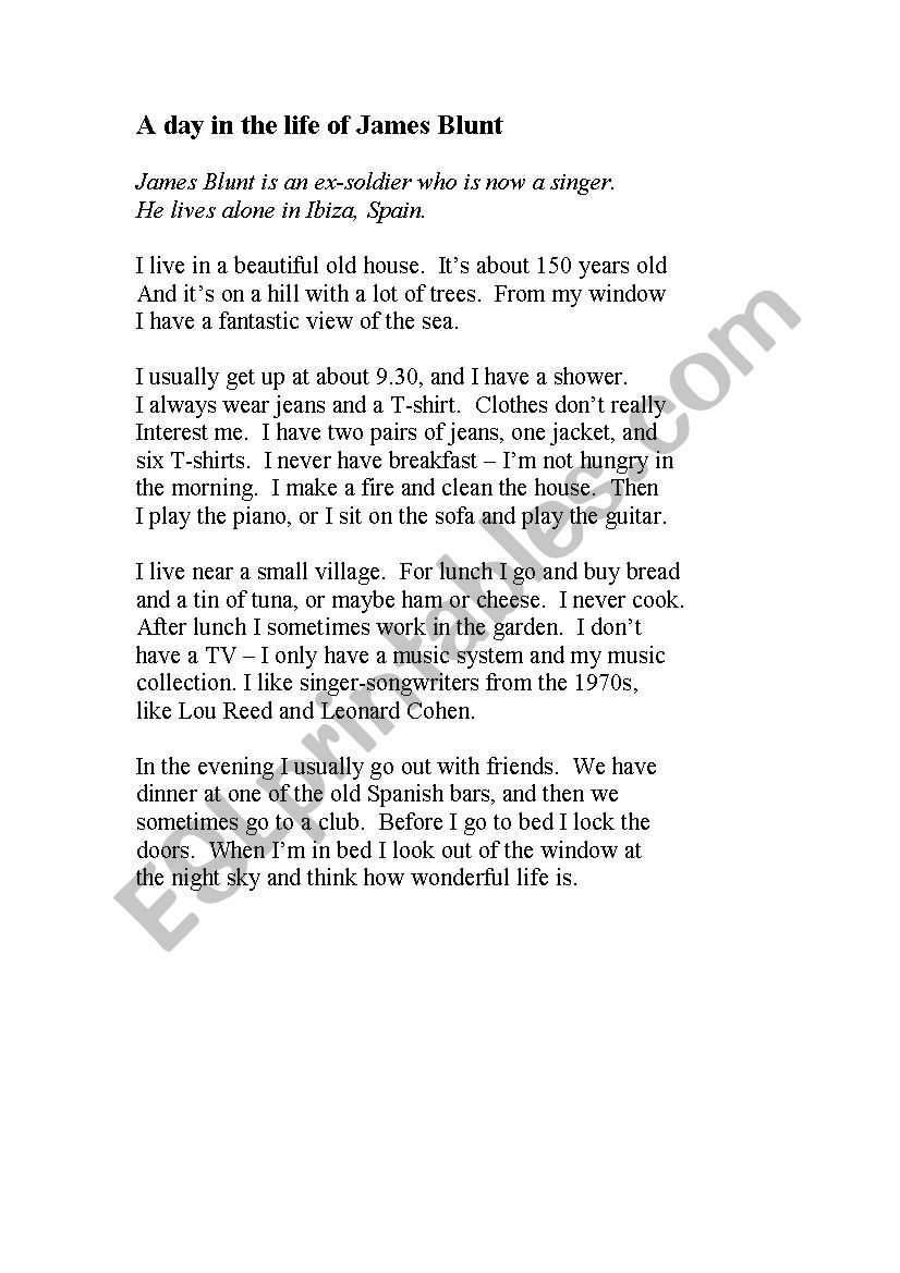 Jigsaw reading James Blunt worksheet
