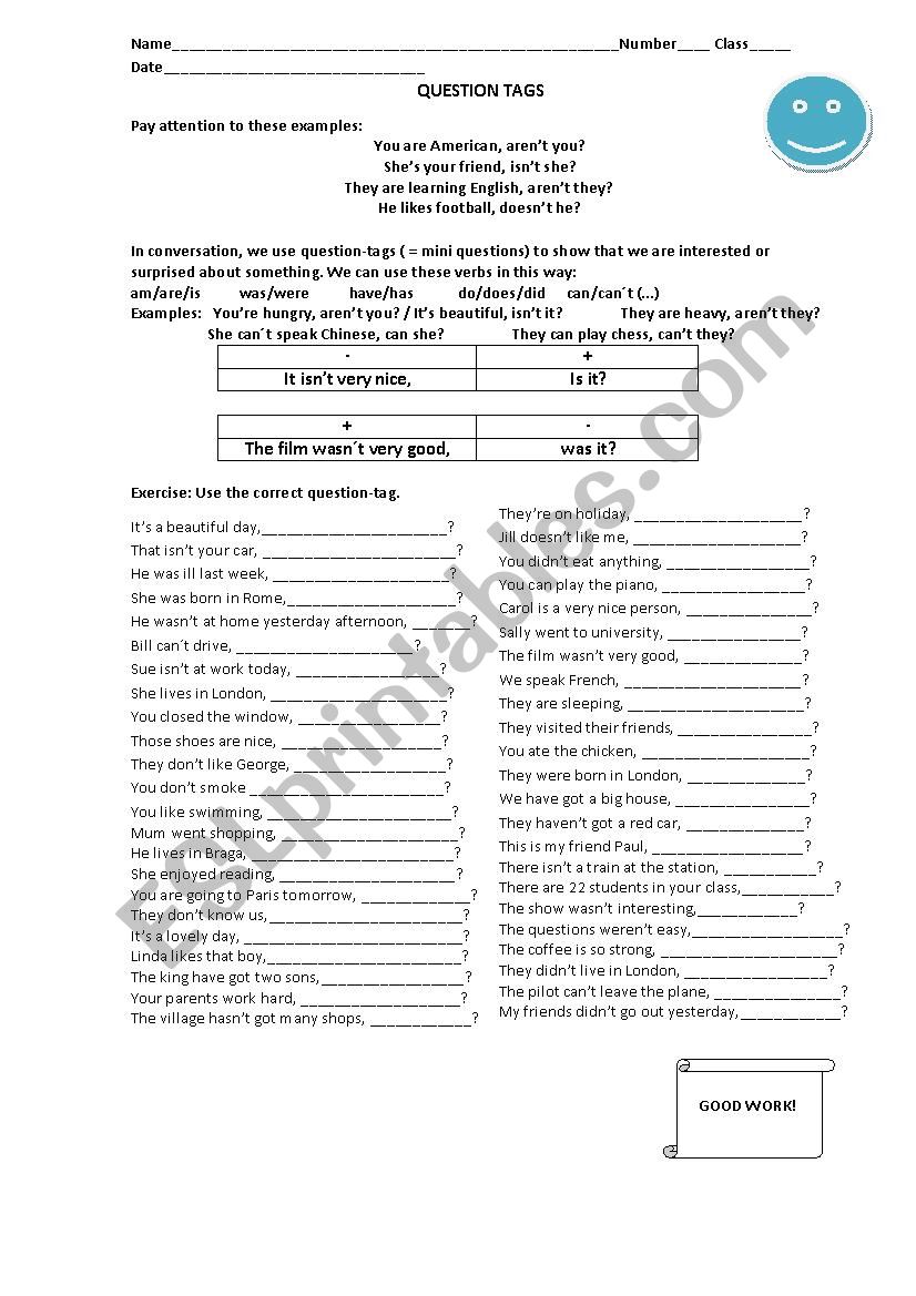 QUESTION TAGS worksheet