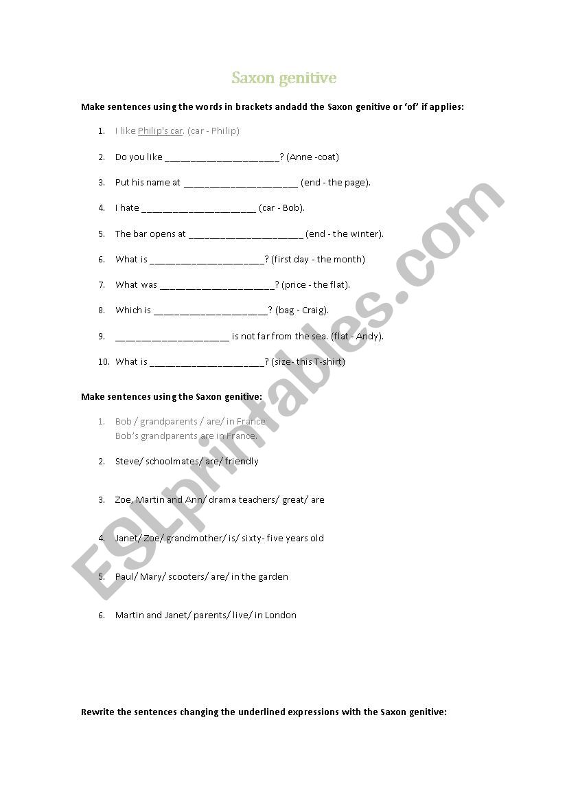 Saxon genitive worksheet