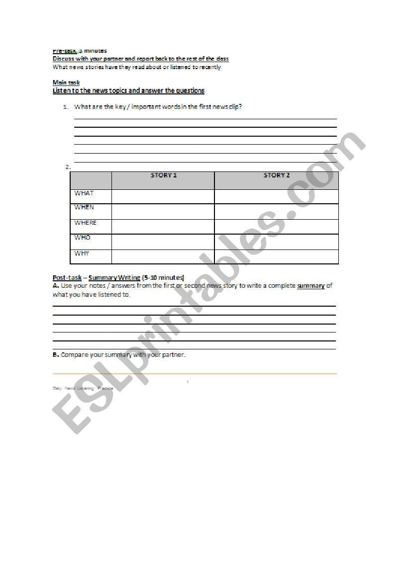 Daily news listening task  worksheet