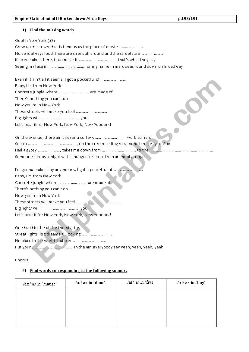 Empire state of mind song worksheet