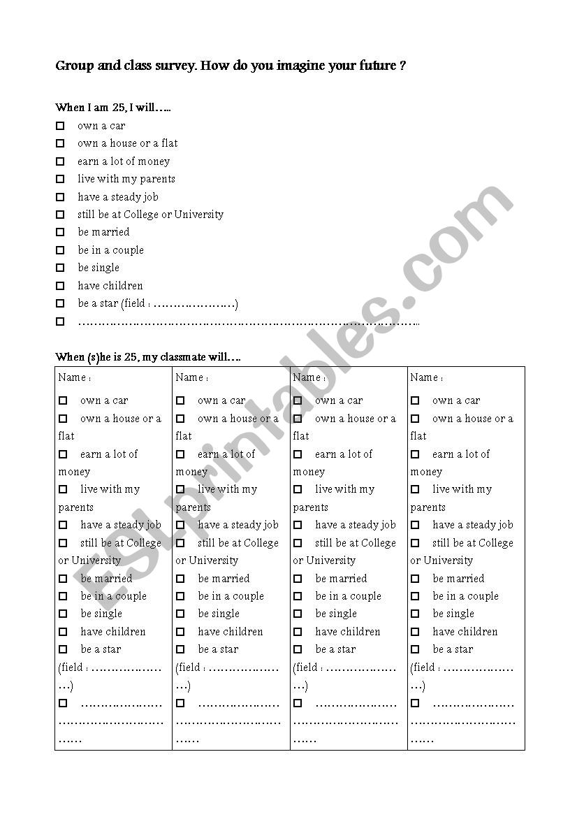 future tense class survey worksheet