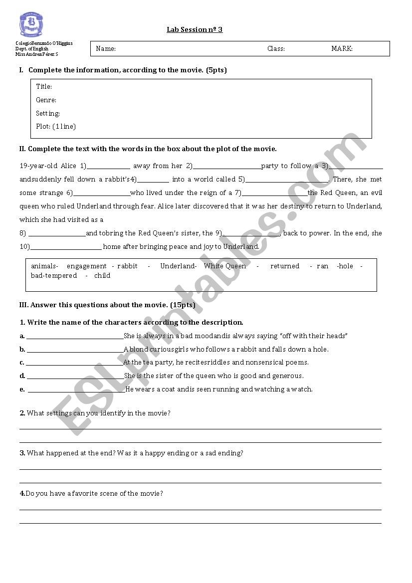 Alice in Wonderland (Movie) worksheet