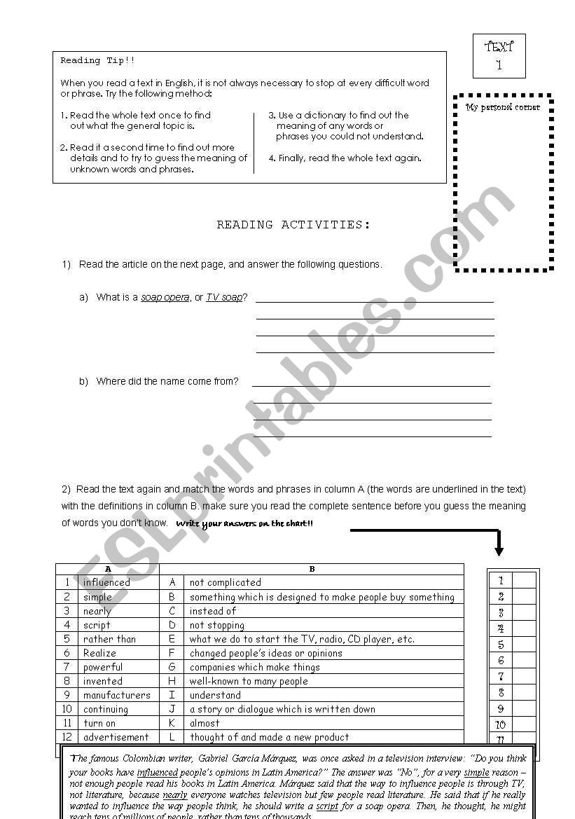 Reading worksheet